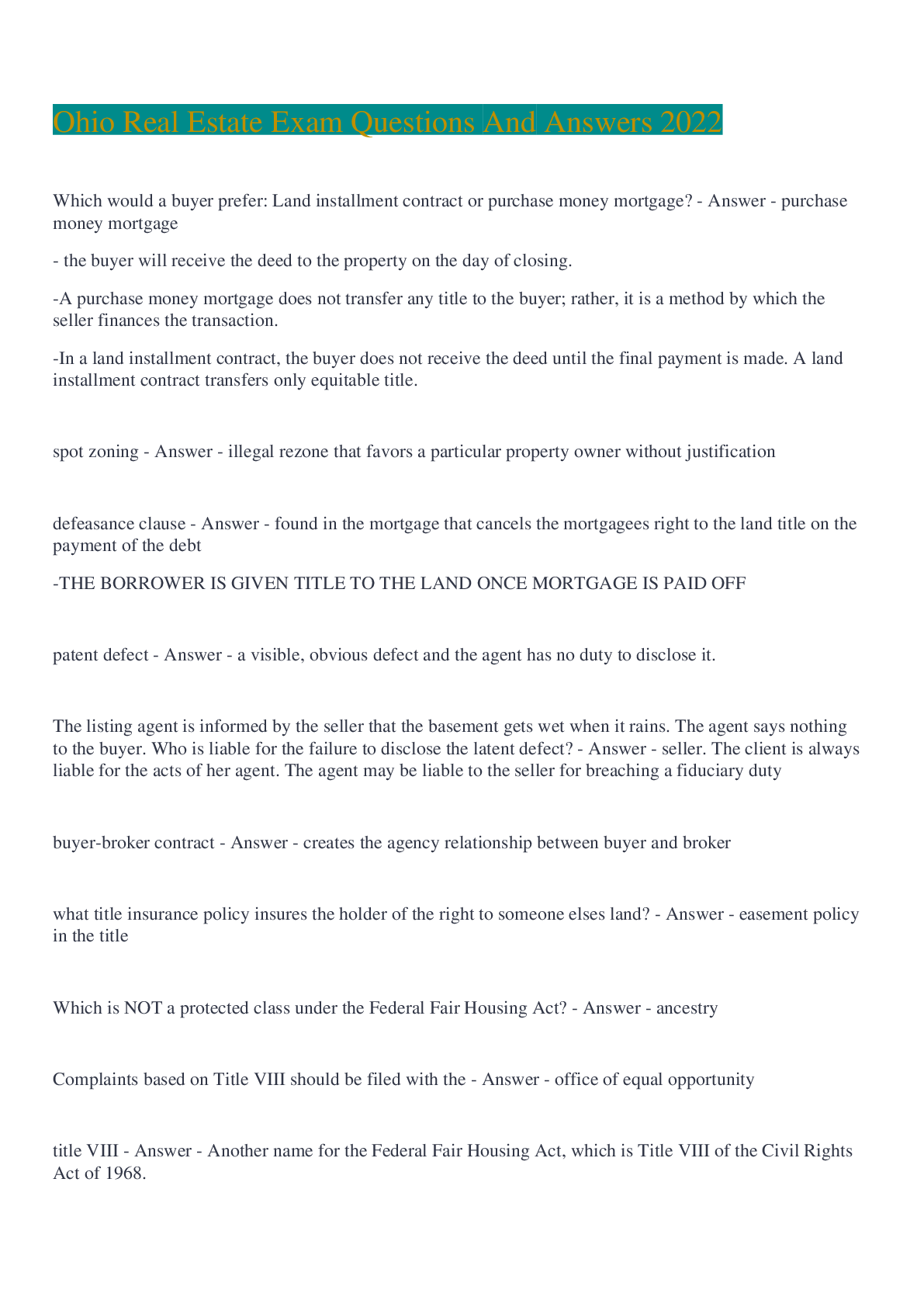 Preview image for Ohio Real Estate Exam Questions And Answers 2022